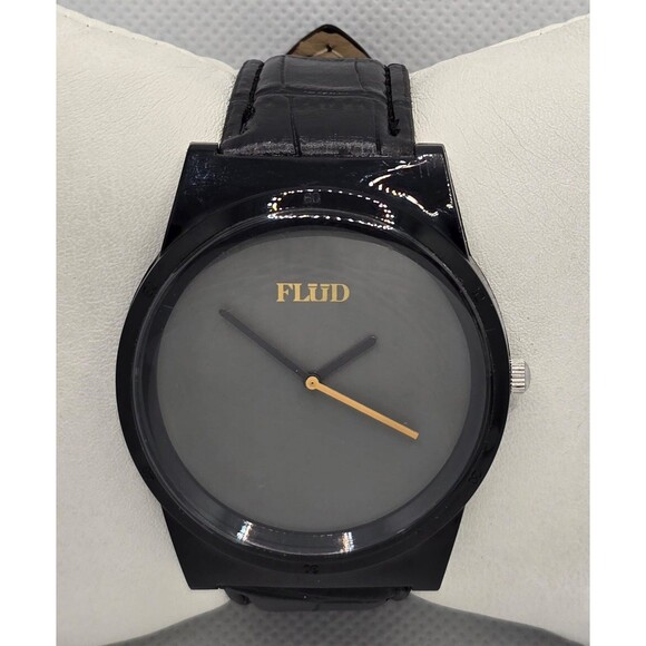 Flud Accessories - Men's Flud Minimalist Round Black Dial Case Quartz Black Leather Strap Watch 04